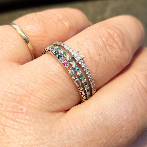 Green Clear Zircon Pave Sterling Silver Band Stackable Diamond Emerald Eternity - Picture 5 of 16